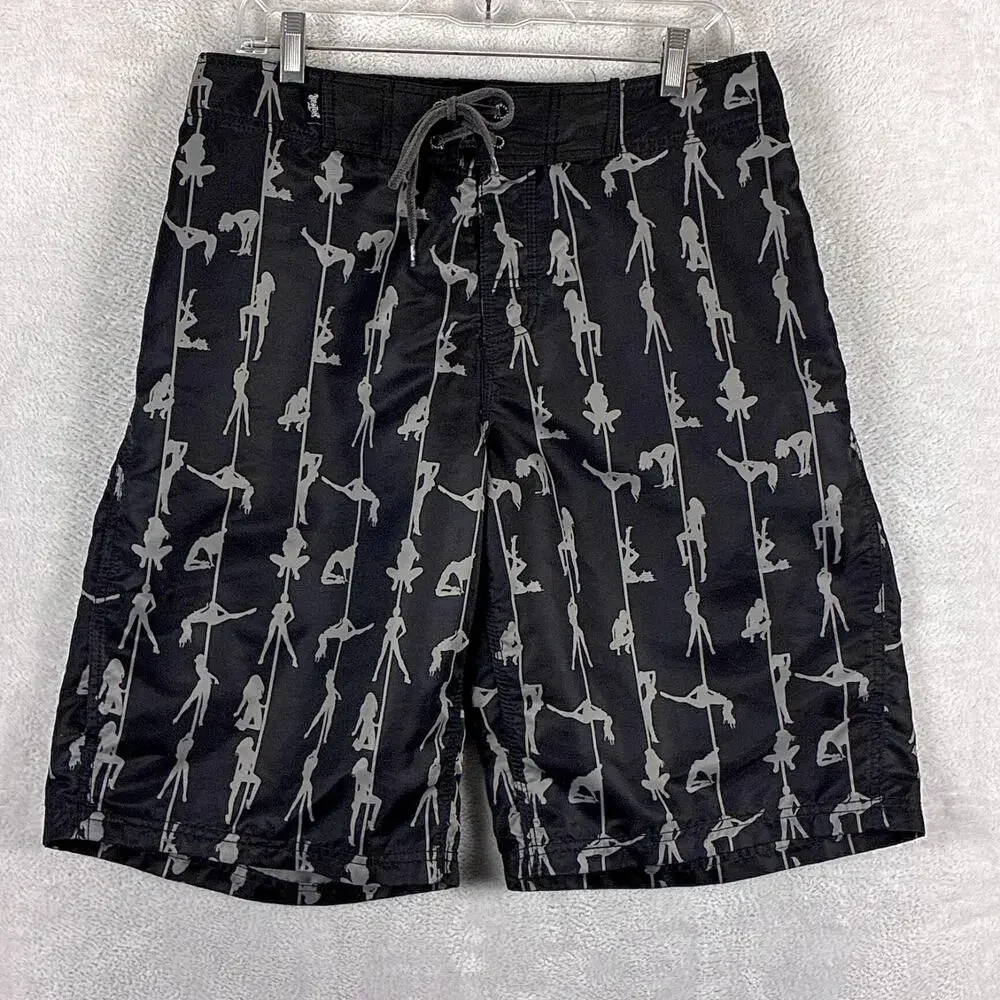 VTG No Fear Board Shorts Mens M Black Pole Dancer Pin Up Beach Pool Summer Y2K